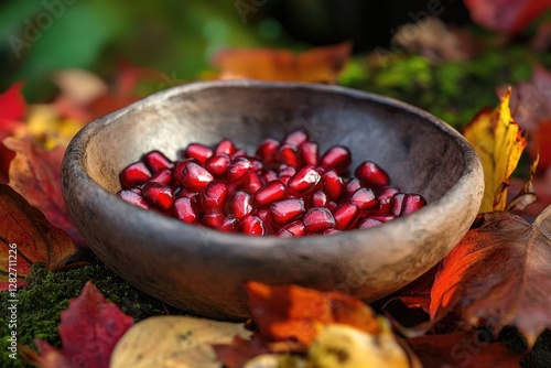 A rustic wooden bowl filled with vibrant pomegranate seeds rests on a bed of autumn leaves. photo