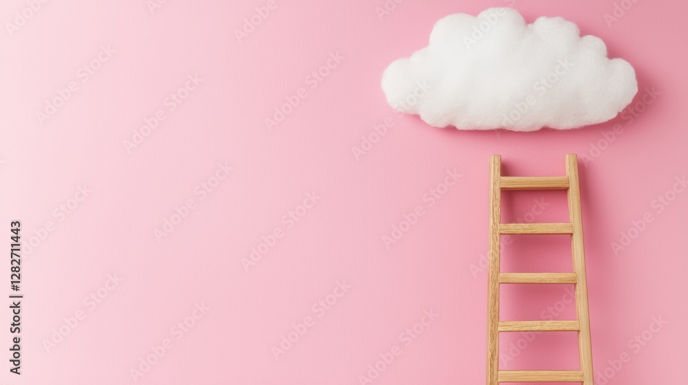 Wooden ladder reaching towards a fluffy cloud on a pastel pink background in a dreamy composition Wooden ladder reaching towards a fluffy cloud on a pastel pink background in a dreamy composition