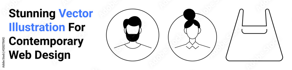Fototapeta premium Male and female profile icons in circles alongside a geometric shopping bag outline. Ideal for user interfaces, profile identification, e-commerce, branding, digital illustrations, graphic design