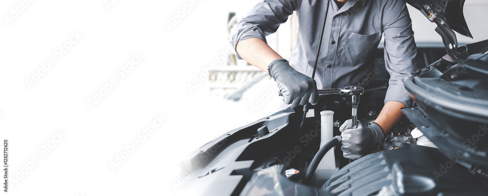 Hand auto mechanic using the wrench to repairing car engine problem for car service concepts and check or fix car and maintenance servicing. Hand auto mechanic using the wrench to repairing car engine problem for car service concepts and check or fix car and maintenance servicing.