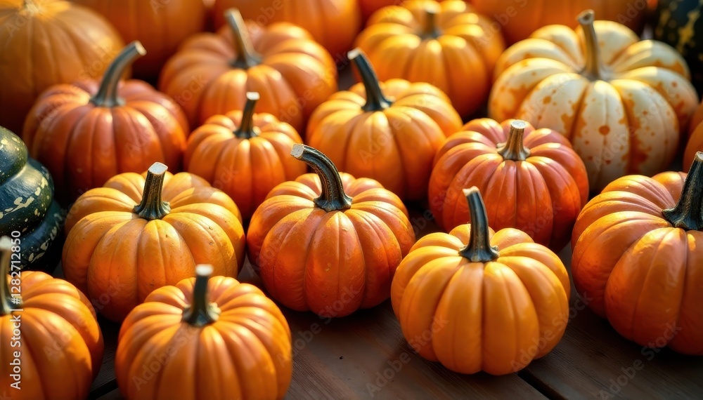Gourds and pumpkins in a colorful arrangement with golden light, gourds, autumn, fruit Gourds and pumpkins in a colorful arrangement with golden light, gourds, autumn, fruit