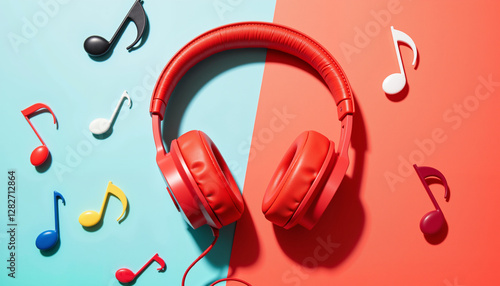 Red Headphones with Colorful Music Notes – For Music Blogs and Streaming Service Ads photo