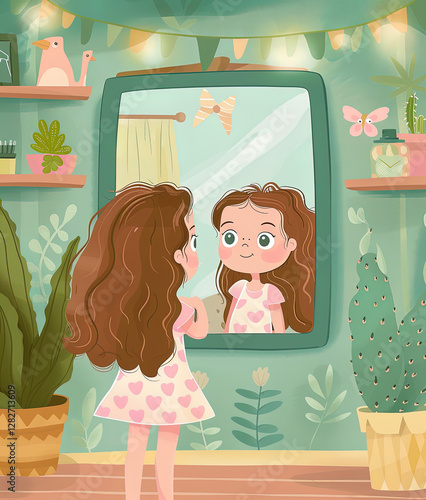 A little girl looking in the mirror
