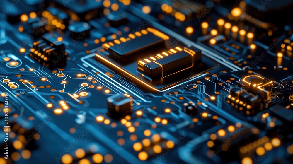 Close-up of a circuit board with glowing components, showcasing intricate technological details. Close-up of a circuit board with glowing components, showcasing intricate technological details.