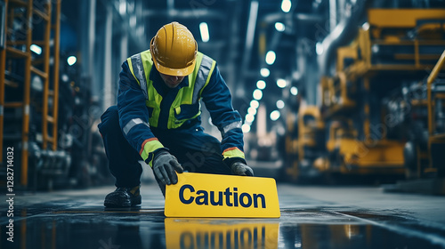 Worker Placing Caution Sign in Factory – For Safety Awareness and Accident Prevention Materials
