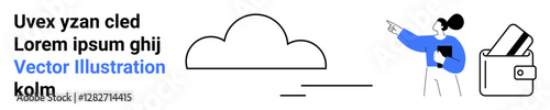 Woman pointing towards a cloud, with a pocket holding stationery items behind her. Ideal for cloud computing, digital learning, education, business presentations, technology integration, online