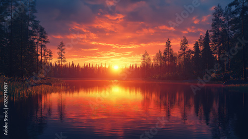 Stunning summer sunset in Sotkamo, Finland, casting soft hues across the tranquil lake photo