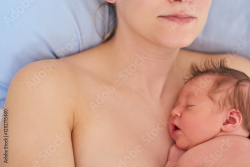 Sleeping, hospital and mom with baby on chest for comforting, bonding and motherhood. Maternity clinic, family and above of mother with newborn child for development, resting and affection on bed