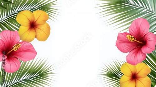 Pink and Yellow Hibiscus Flowers with Palm Leaves on White Background
