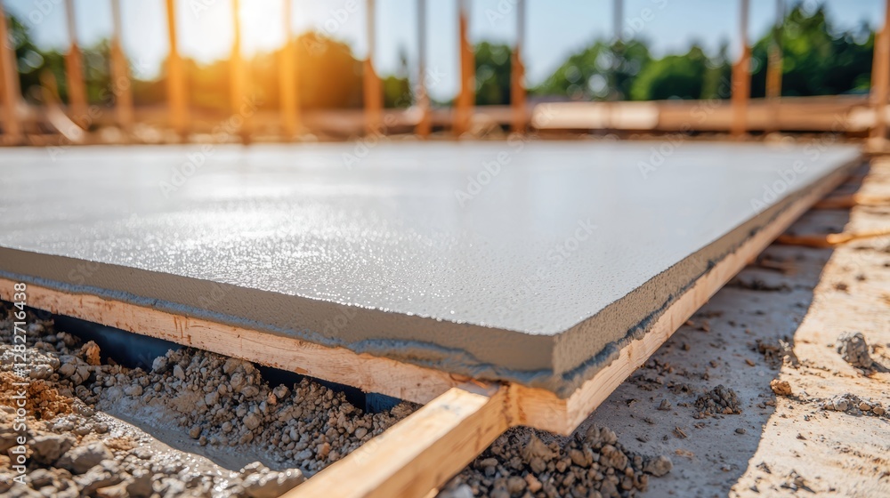 Freshly Laid Concrete Slab at Construction Site During Sunset with Wooden Frames and Gravel Freshly Laid Concrete Slab at Construction Site During Sunset with Wooden Frames and Gravel