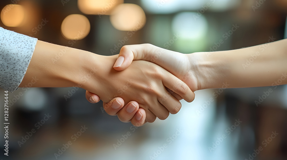 Female professional shaking hands with a client, strong business relationship, modern office Female professional shaking hands with a client, strong business relationship, modern office