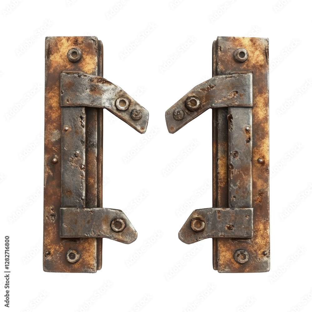 Damaged metal hinges for structural item damage advertising isolate on transparent background Damaged metal hinges for structural item damage advertising isolate on transparent background