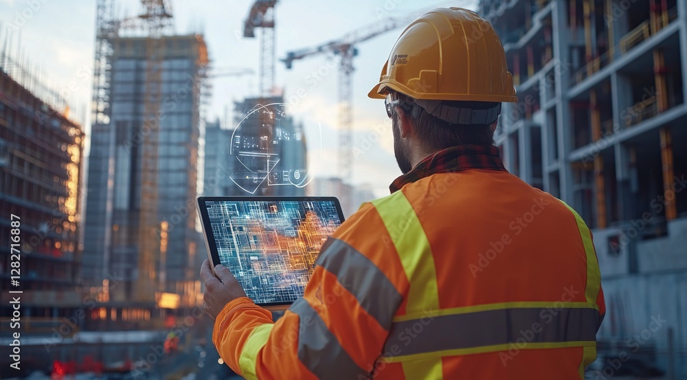 Construction Worker Reviews Digital Building Plans on Tablet, Modern Technology Improves Efficiency on Site