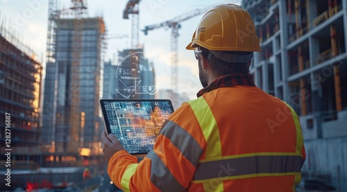 Obraz na płótnie Construction Worker Reviews Digital Building Plans on Tablet, Modern Technology Improves Efficiency on Site w salonie