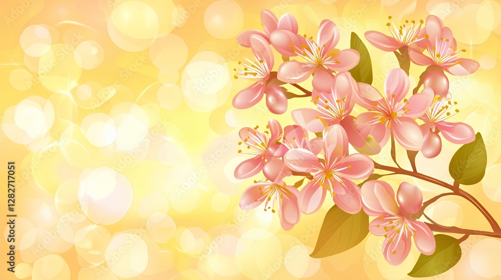 Pink Blossom Branch on Yellow Bokeh Background Pink Blossom Branch on Yellow Bokeh Background