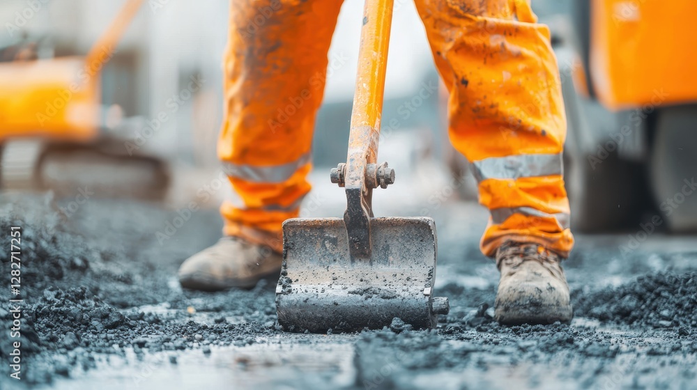 Worker in Orange Uniform Using Shovel on Construction Site with Machinery in Background Worker in Orange Uniform Using Shovel on Construction Site with Machinery in Background