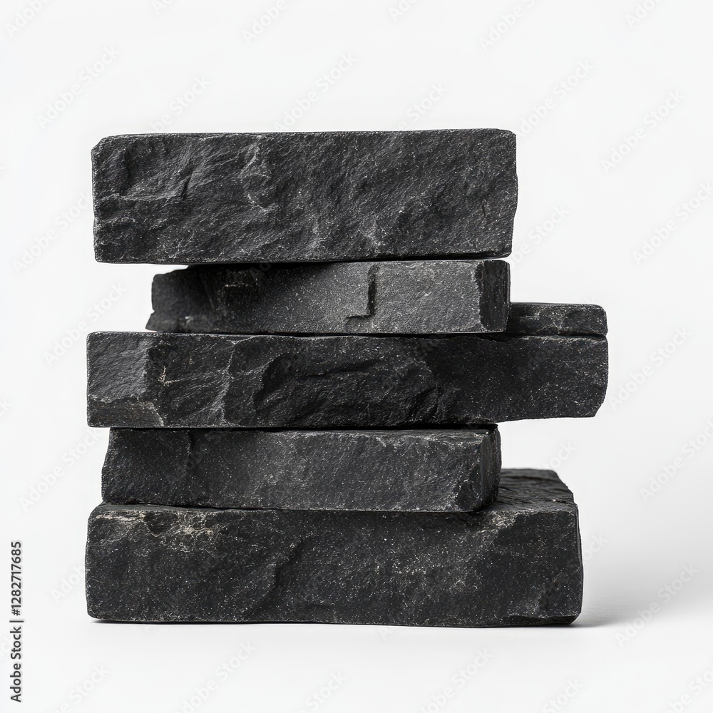 Black stone tiles stacked, studio shot, white background, building material Black stone tiles stacked, studio shot, white background, building material