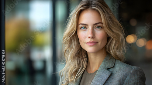 Free Download Confident woman in a power suit standing in front of a corporate building, career achievement - GFXLoad