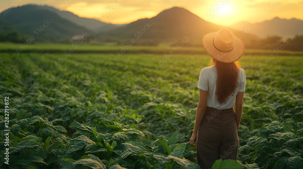 Fototapeta premium Female farmer working in a lush green field, dedication and sustainability, rural leadership