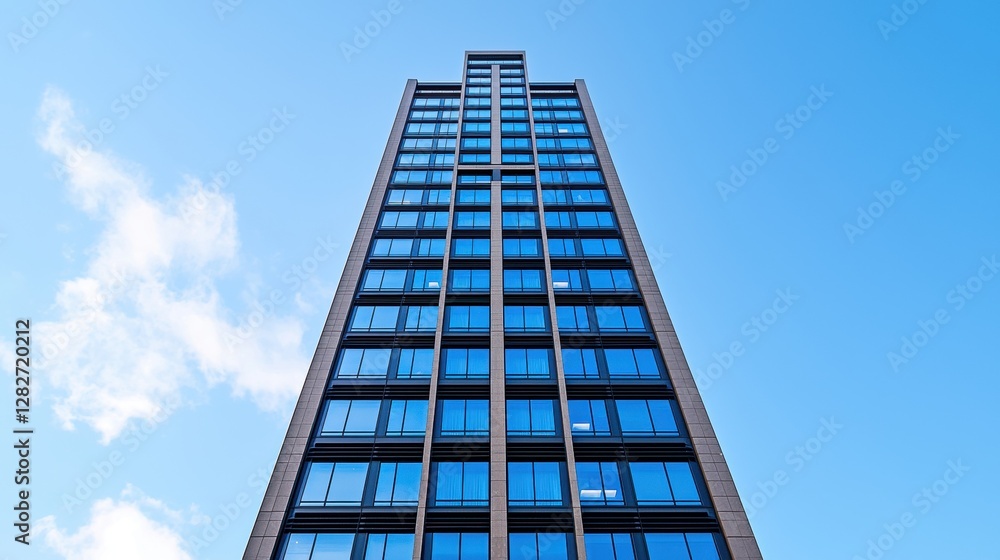 Tall Modern Building with Blue Glass Windows Against Bright Sky in Urban Setting Tall Modern Building with Blue Glass Windows Against Bright Sky in Urban Setting