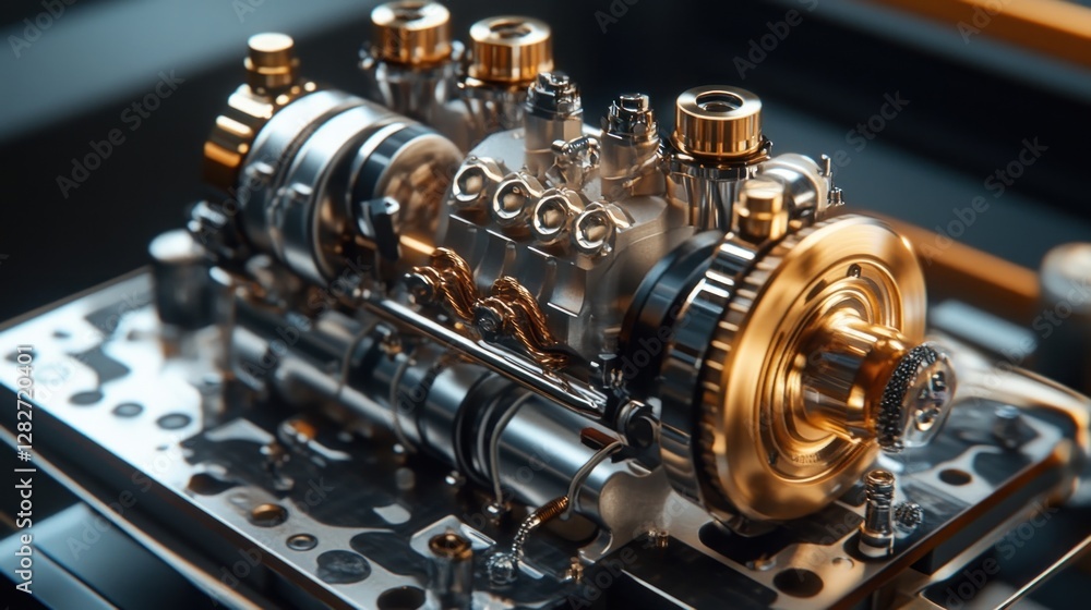 Close-up of a detailed metallic engine model with gold accents, showcasing intricate internal components and mechanisms. Close-up of a detailed metallic engine model with gold accents, showcasing intricate internal components and mechanisms.