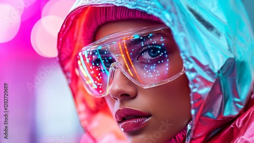 Futuristic woman, city night, neon lights, fashion