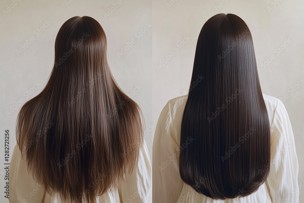 Fototapeta premium Before and after comparison of hair treatment. Shiny, smooth, and healthy straight hair transformation. Perfect for beauty, haircare, keratin treatment, and salon concepts