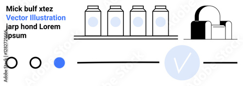 Four product bottles on a shelf, modern chair, and UI elements including circles, line, and a check mark. Ideal for e-commerce, shopping, design, layout interface modern furniture landing page