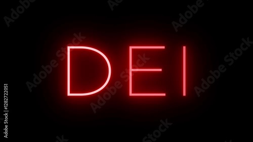Flickering red retro style neon sign glowing against a black background for DEI illustrating the social issue of diversity, equity, and inclusion