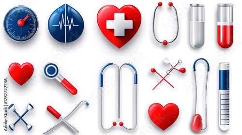 A vector icon set of healthcare, cartoon doctor and nurse with medical icons set