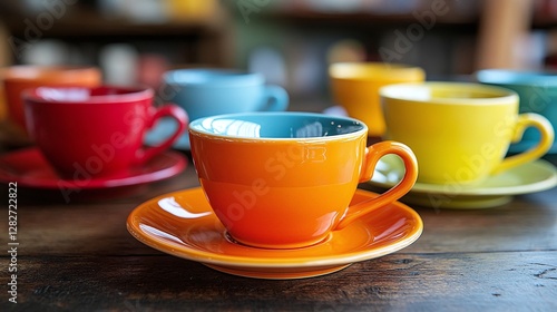 colorful drinkware collection with cups and saucers displayed on tabletop showcasing modern home decor and cafe style presentation