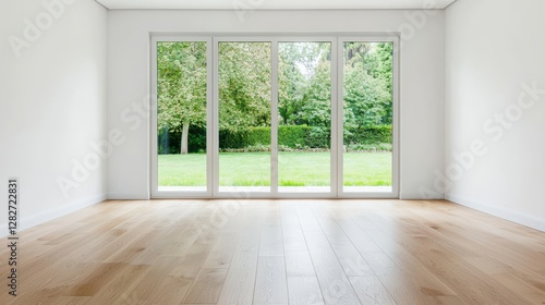 Bright and Spacious Empty Room with Large Windows Overlooking Green Outdoor Landscape