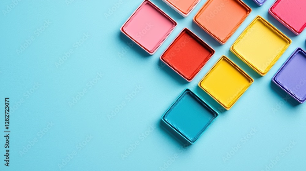Colorful paint trays arranged diagonally on bright blue background with a modern artistic vibe Colorful paint trays arranged diagonally on bright blue background with a modern artistic vibe