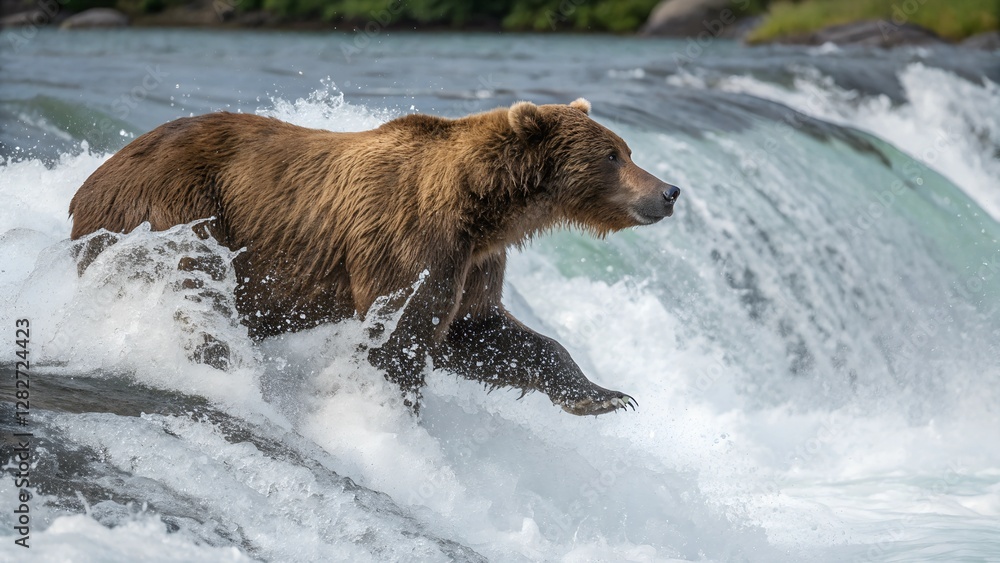 Grizzly Bear Navigating Water: A powerful grizzly bear demonstrates agility and strength as it navigates a rushing waterfall, showcasing the untamed beauty of the natural world. Grizzly Bear Navigating Water: A powerful grizzly bear demonstrates agility and strength as it navigates a rushing waterfall, showcasing the untamed beauty of the natural world.