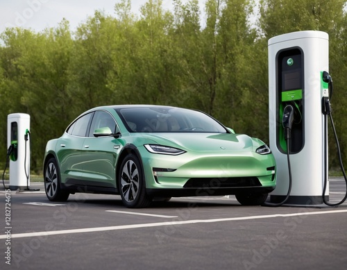 Electric car charging station on white background. Fast electric car charger green energy environment friendly driving vehicle station. Modern transport fuel of future. Minimal design power unit