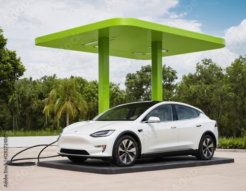 Electric car charging station on white background. Fast electric car charger green energy environment friendly driving vehicle station. Modern transport fuel of future. Minimal design power unit