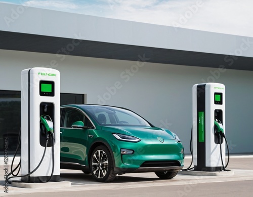 Electric car charging station on white background. Fast electric car charger green energy environment friendly driving vehicle station. Modern transport fuel of future. Minimal design power unit