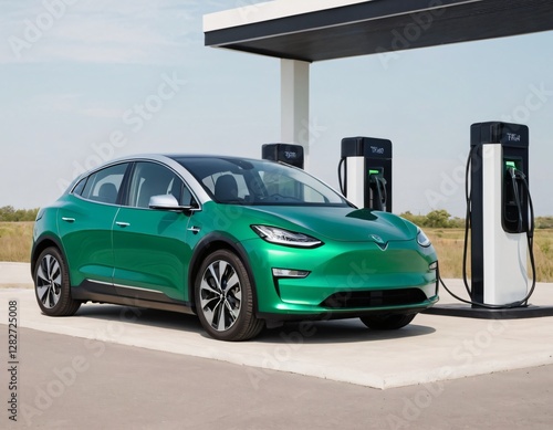 Electric car charging station on white background. Fast electric car charger green energy environment friendly driving vehicle station. Modern transport fuel of future. Minimal design power unit