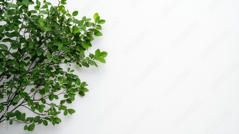 Fresh Green Leaves on White Background for Minimalist Design and Nature Themes