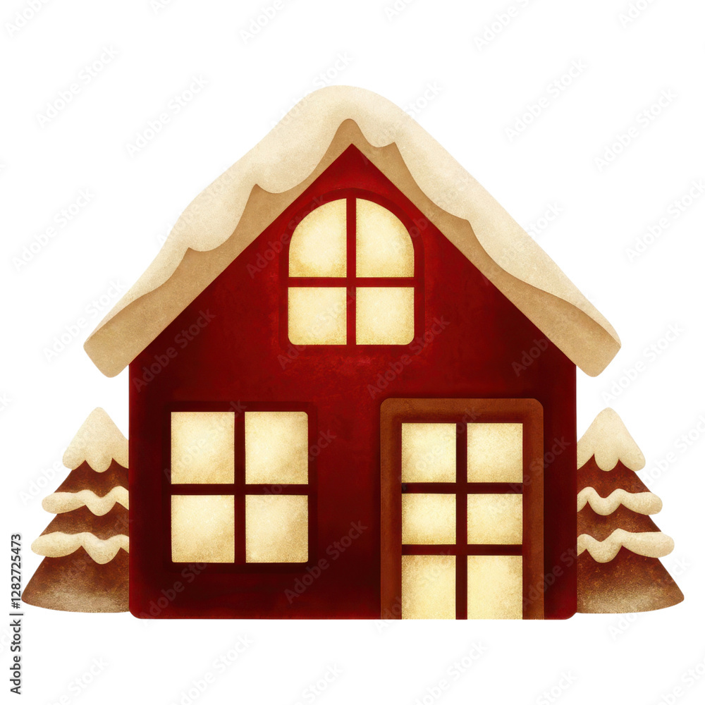 Charming Red House with Snow Covered Roof and Two Christmas Trees Illustration Charming Red House with Snow Covered Roof and Two Christmas Trees Illustration
