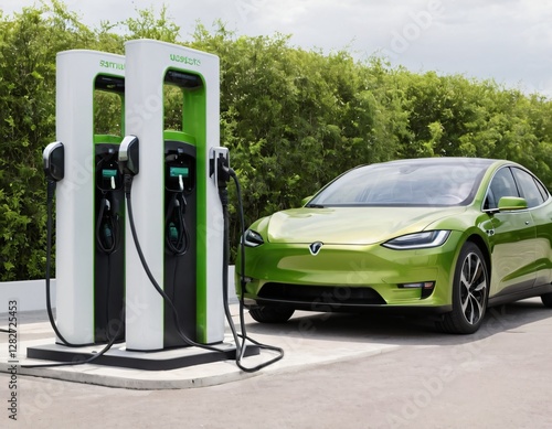 Electric car charging station on white background. Fast electric car charger green energy environment friendly driving vehicle station. Modern transport fuel of future. Minimal design power unit