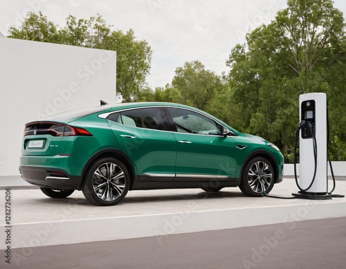 Electric car charging station on white background. Fast electric car charger green energy environment friendly driving vehicle station. Modern transport fuel of future. Minimal design power unit