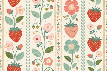 Acrylglasbilder Küchenmuster Vintage Erdbeeren Cottagecore Streifenmuster  © Nizam
