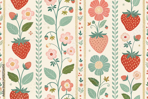 Vintage Strawberry Pattern – Retro Floral Stripes & Pastel Cottagecore Design