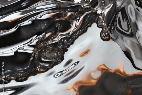 Abstract liquid metal waves, flowing in a dynamic pattern, background with reflections photo