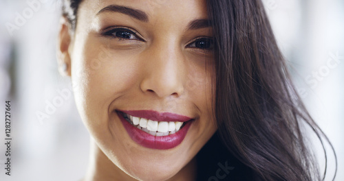Obraz na płótnie Portrait, glow and woman with makeup, confident or face with lipstick color, foundation or makeover