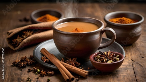 A steaming clay cup (kulhad) filled with authentic Indian masala chai, placed on a rustic wooden table with spices like cinnamon, cardamom, and star anise scattered around. photo