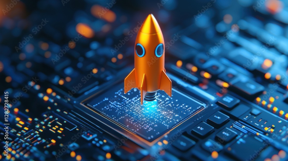 Futuristic Rocket Launching from Circuit Board as a Symbol of Technology and Innovation Progress