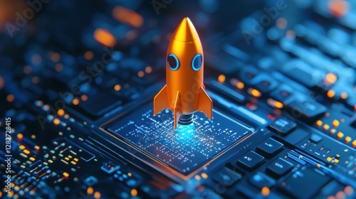 Obraz na płótnie Futuristic Rocket Launching from Circuit Board as a Symbol of Technology and Innovation Progress w salonie