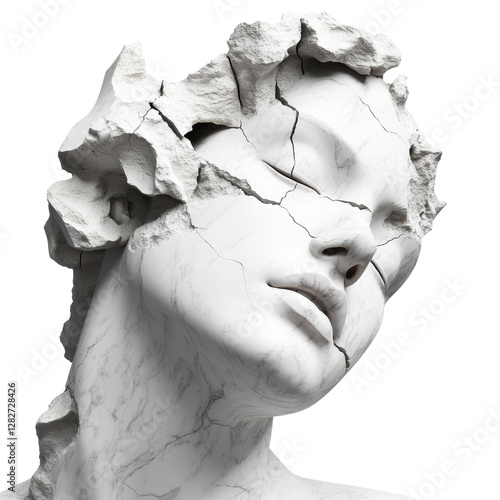 White statue with a broken face displaying damage and artistic detail in outdoor setting on white background , cut out.